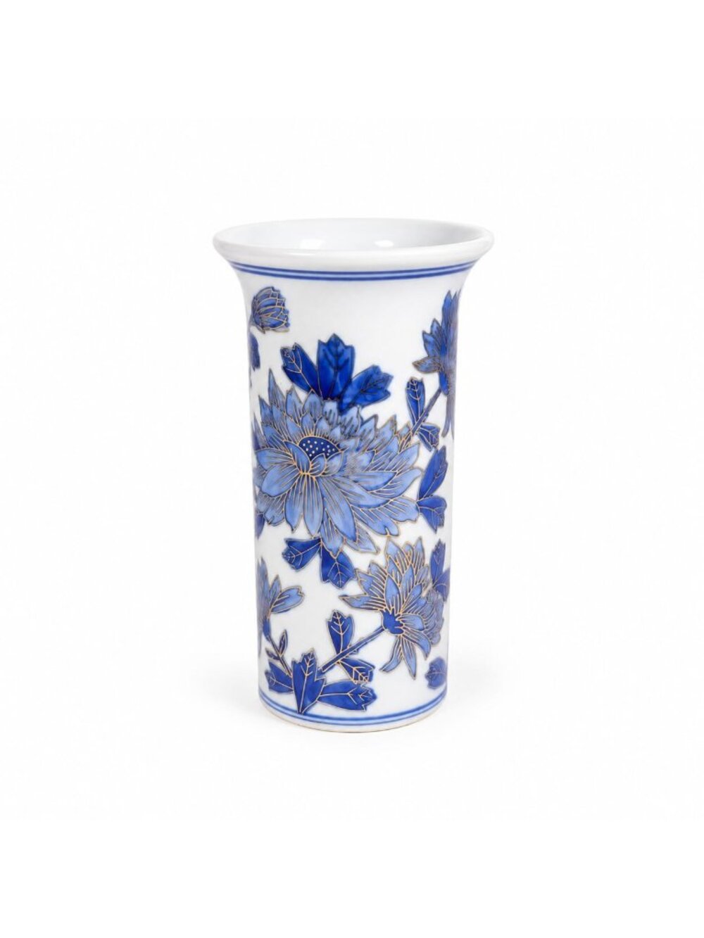 Bud Vase Floral Hand Painted Ceramic Vintage Flowers Blue Gold Flowers Chinoiser